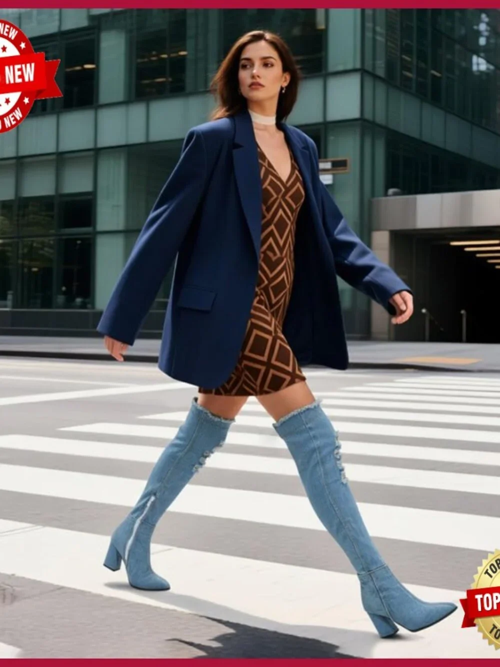 Denim Thigh High Boots Pointed Toe Block Heel Over The Knee